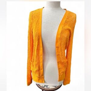 Free People Beach Cardigan Marigold Yellow Open Knit Pockets Button Front NWOT